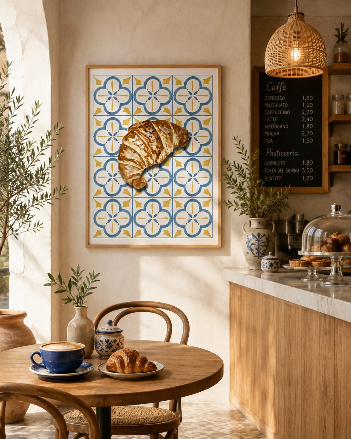 Ilustração de croissant sobre padrão azul e amarelo na parede de um café.